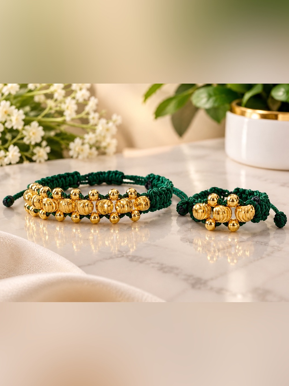 Emerald Green Macrame Bracelet with Gold Tone Beads 💚✨